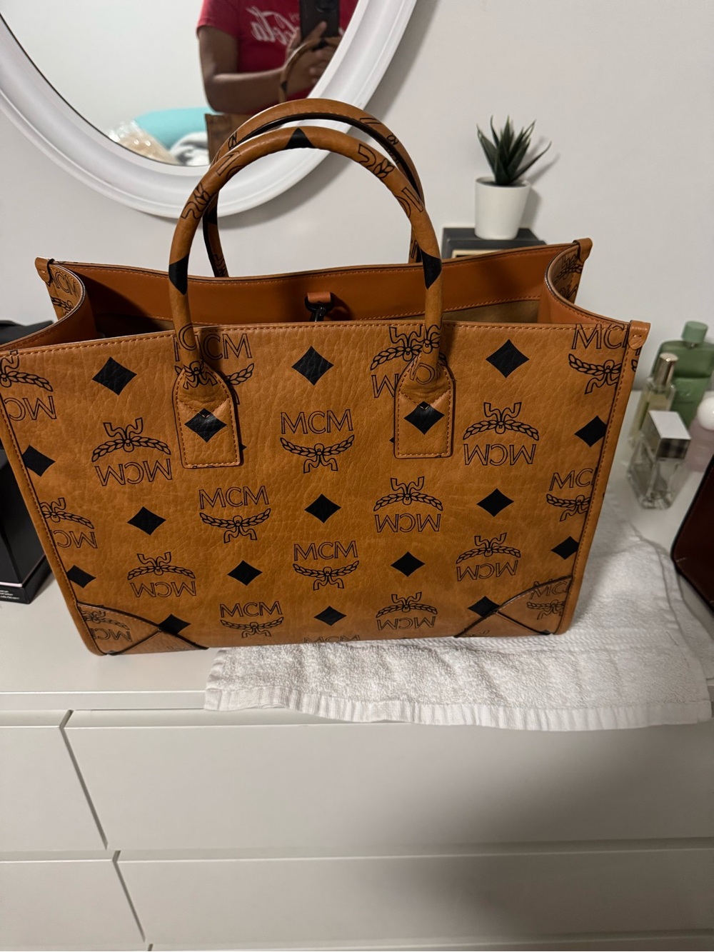 MCM Cognac Logo Visetos Tote with Black Accents